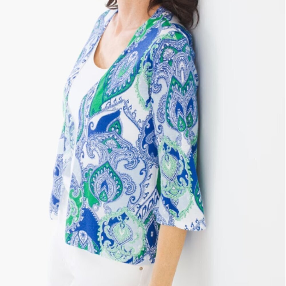 Chico's Irena Ikat-Paisley Linen Blend Cardigan Size L Open Front Lightweight